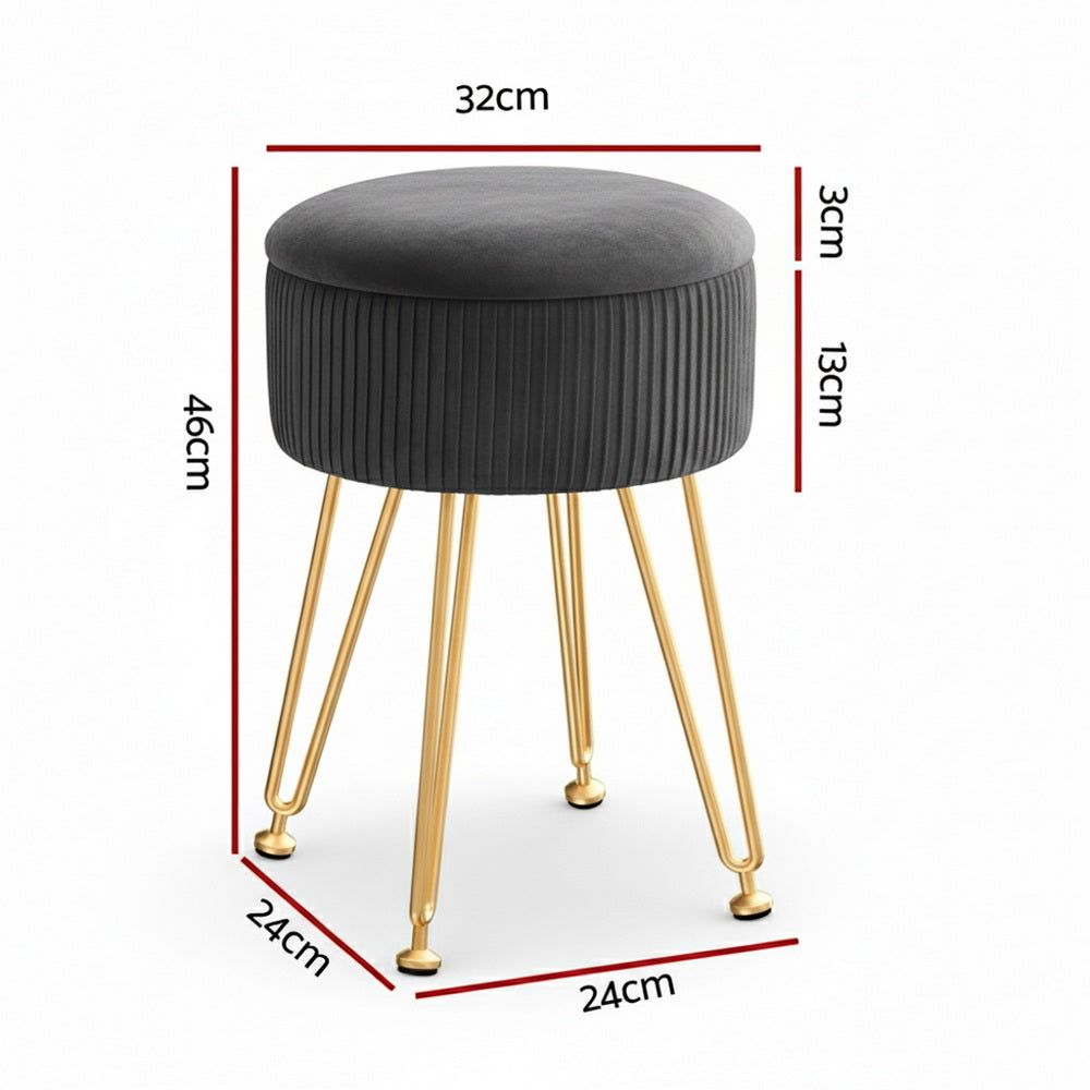 Ottoman Storage Foot Stool Vanity Velvet Round Grey