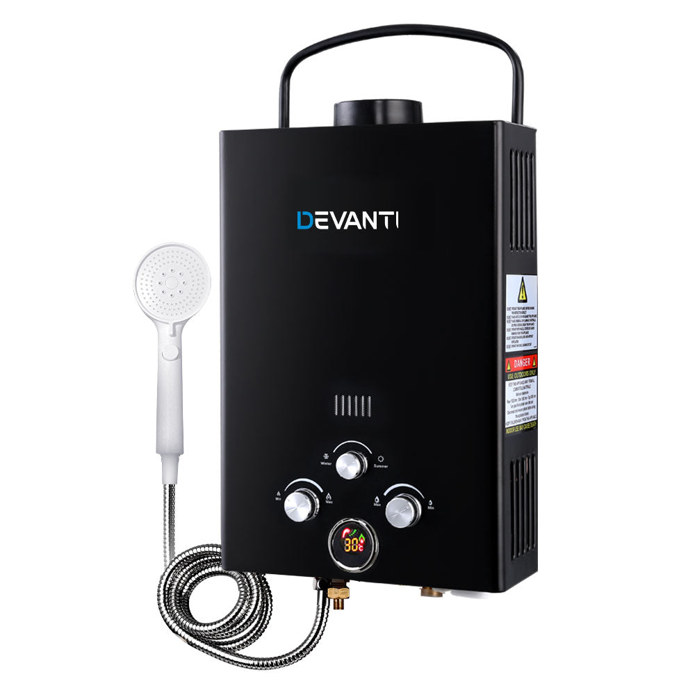Portable Gas Water Heater 8L/Min LPG System Black