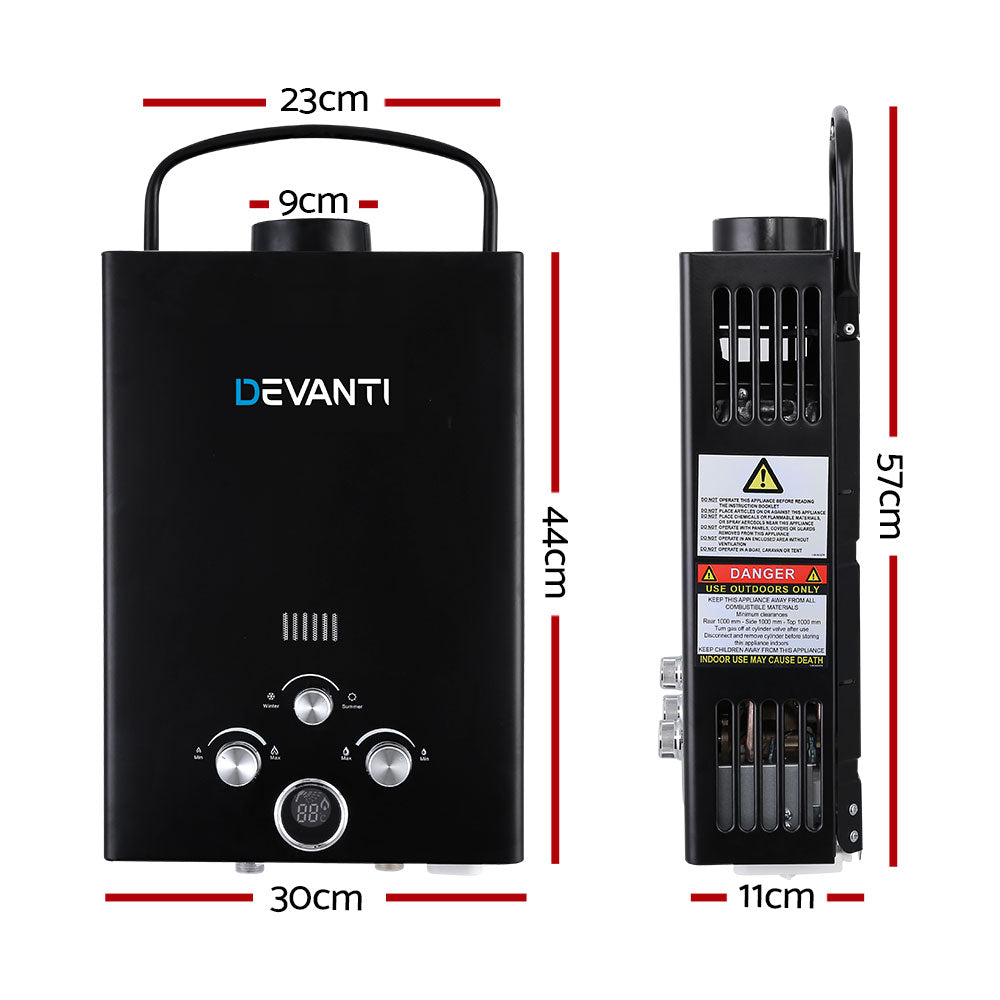 Portable Gas Water Heater 8L/Min LPG System Black