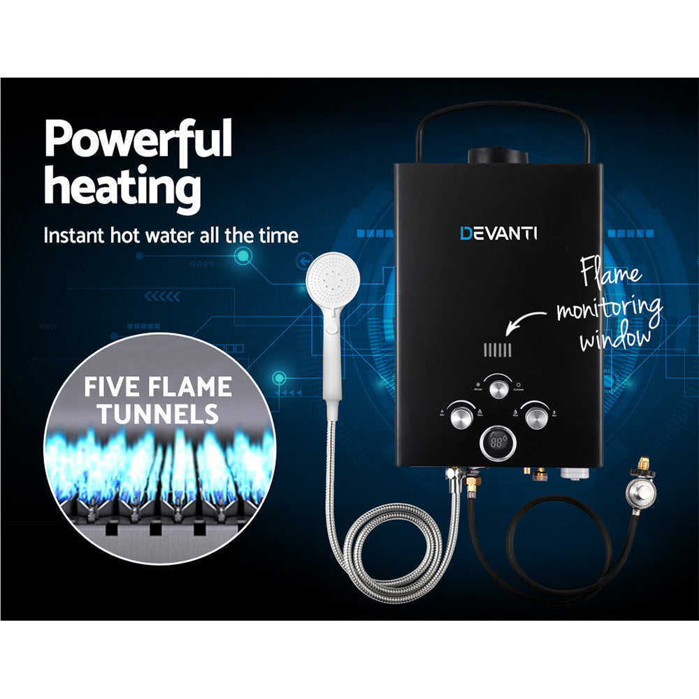 Portable Gas Water Heater 8L/Min LPG System Black