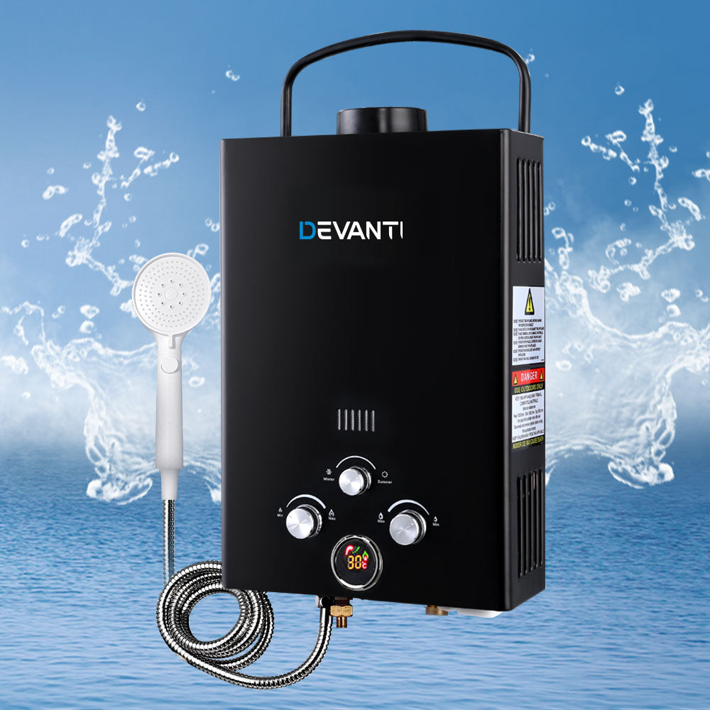 Portable Gas Water Heater 8L/Min LPG System Black