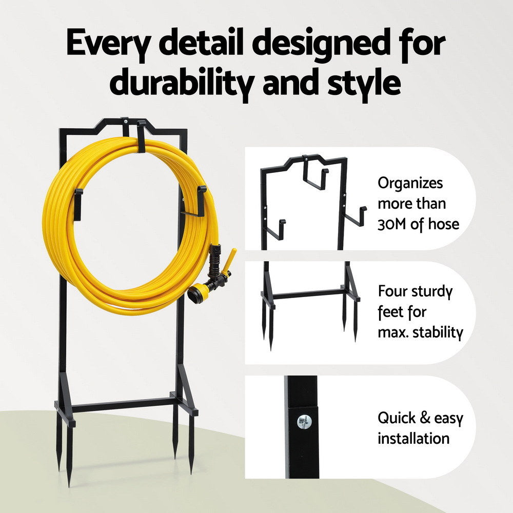 Green Fingers Garden Hose Holder Metal Portable Freestanding Hose Stand 4 Spikes Black