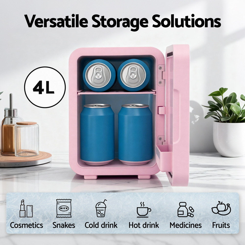 Glacio Mini Fridge Skincare Beauty Cooler Warmer LED Mirror 12V 220V Pink 4L