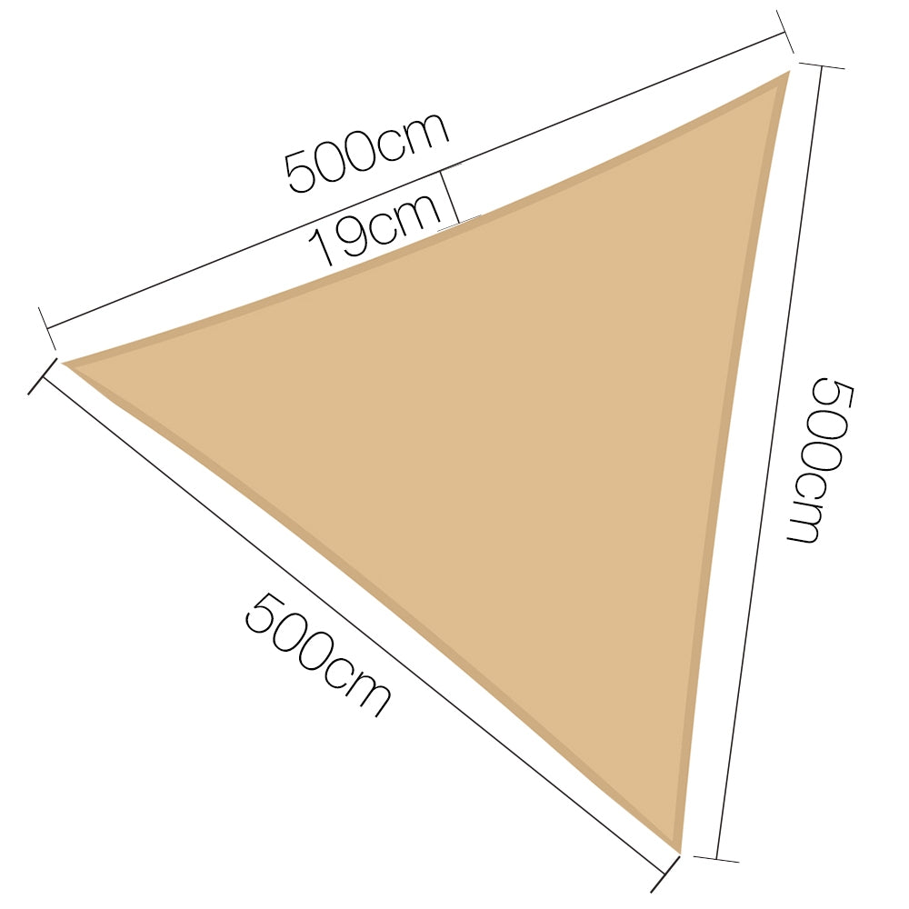 Instahut Shade Sail 5x5x5m Triangle 185GSM 95% Sand Shade Cloth