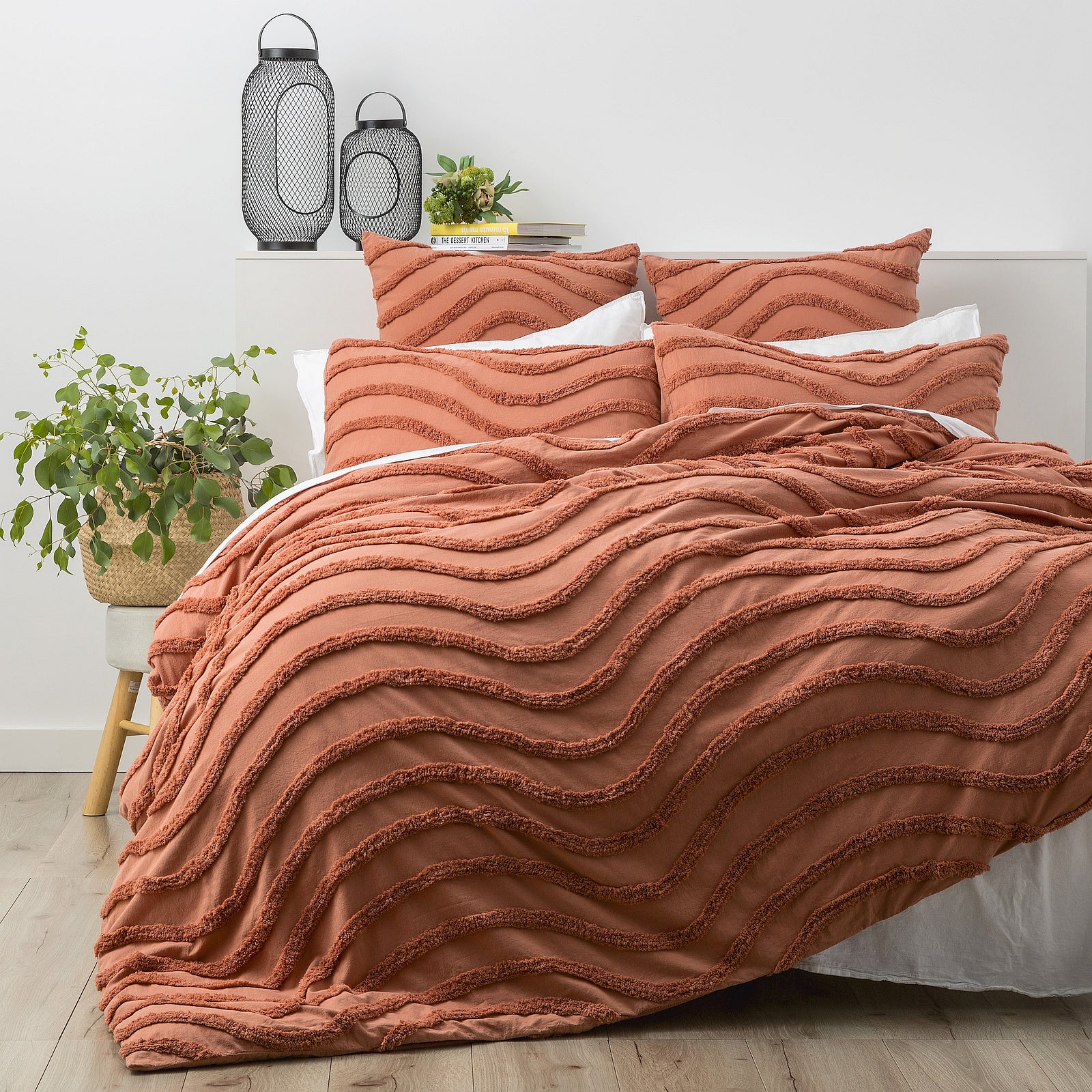 Chenille Wave 100% Cotton Vintage Washed Rust Tufted Quilt Cover Set by Cloud Linen Queen