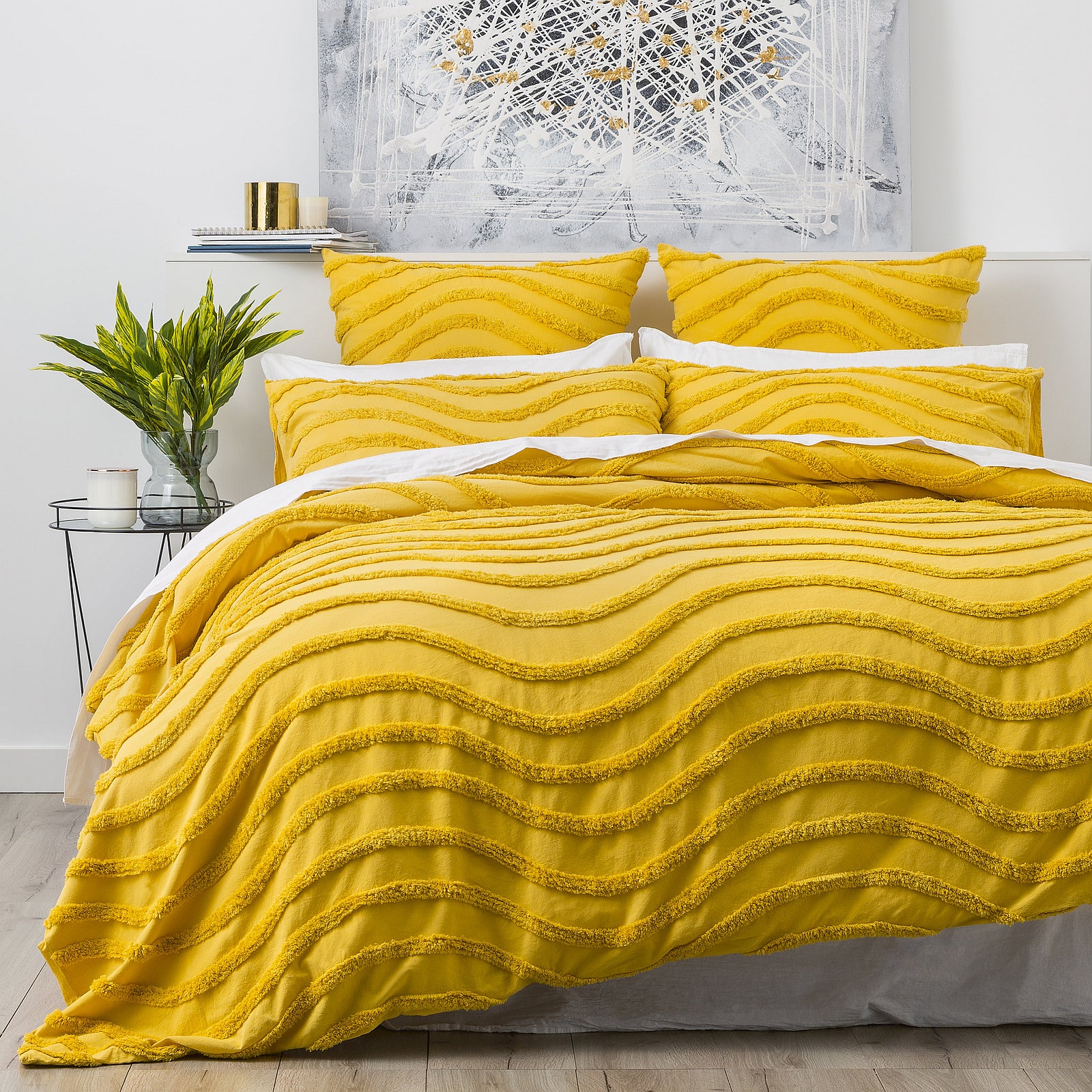Chenille Wave 100% Cotton Vintage Washed Mustard Tufted Quilt Cover Set by Cloud Linen King