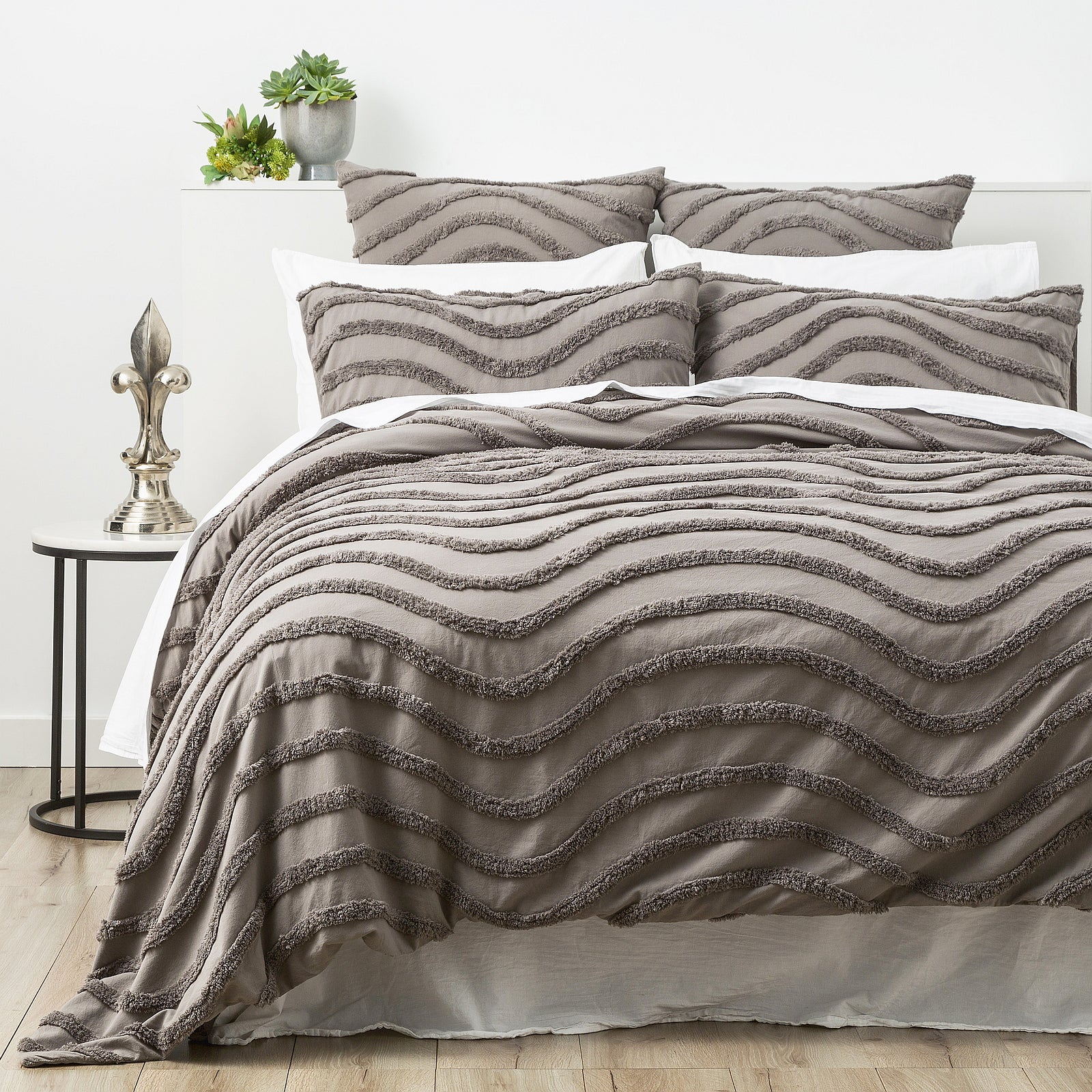 Chenille Wave 100% Cotton Vintage Washed Grey Tufted Quilt Cover Set by Cloud Linen Double