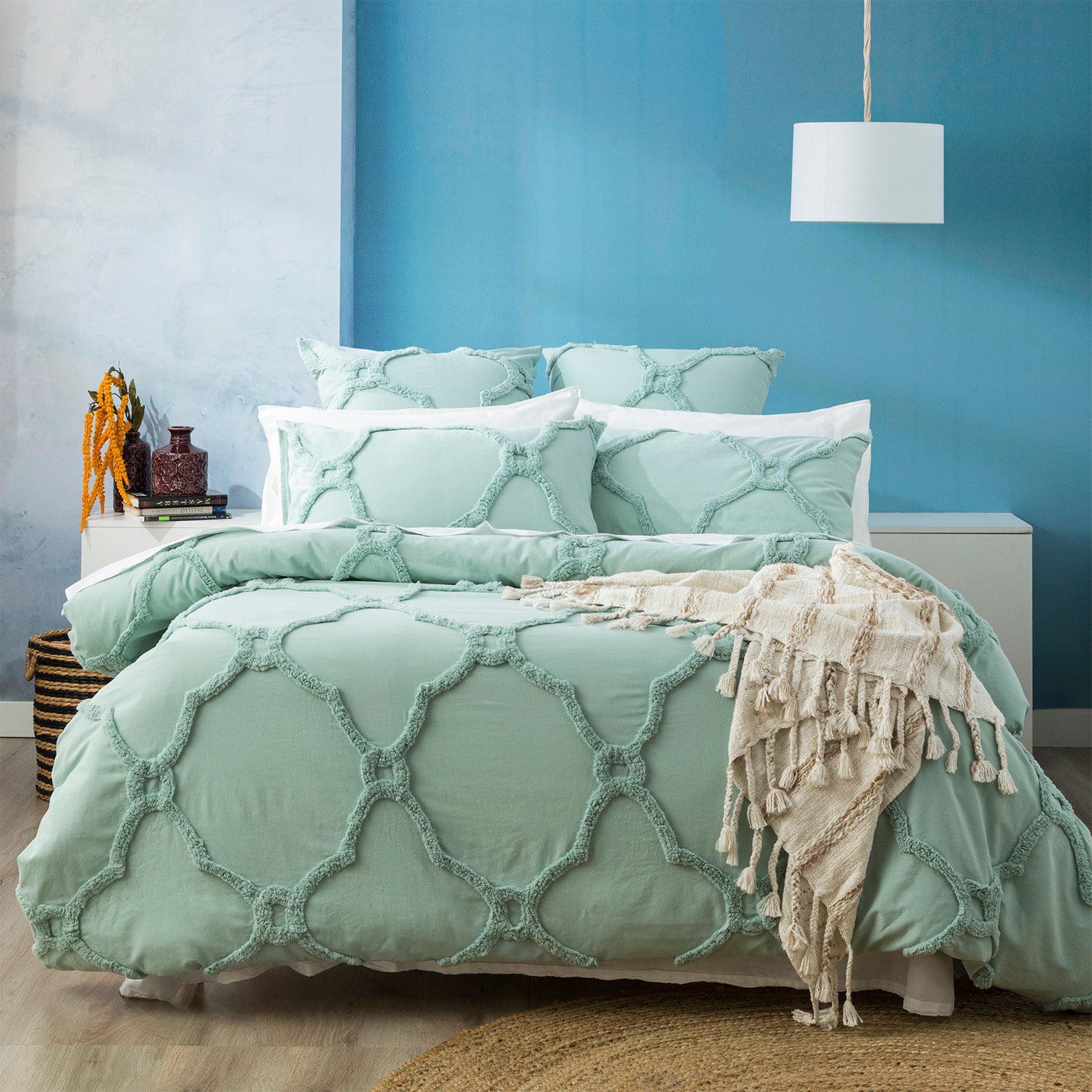 Moroccan 100% Cotton Chenille Vintage Washed Tufted Sage Quilt Cover Set by Renee Taylor Queen