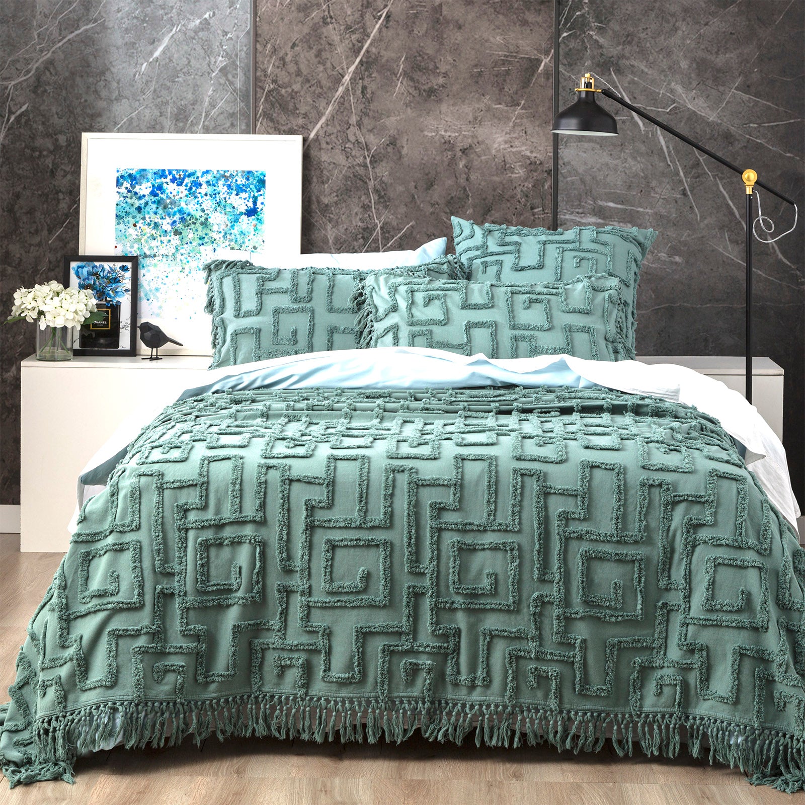 Riley 100% Cotton Vintage Washed Tufted Mineral Bed Cover Set by Renee Taylor Queen/King