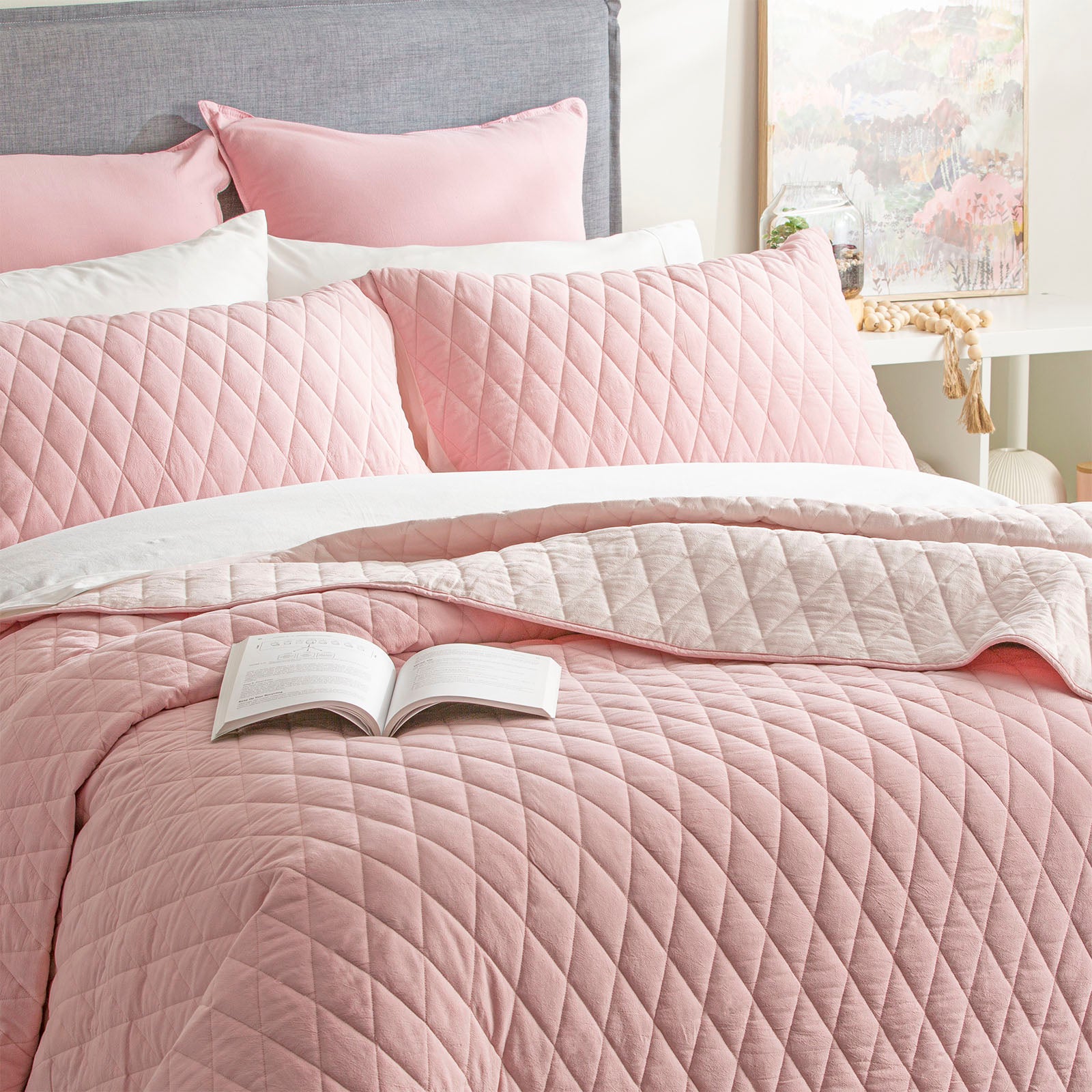 Diamante Vintage Stone Washed Cotton Reversible Quilted Rose Coverlet Set by Renee Taylor Queen/King
