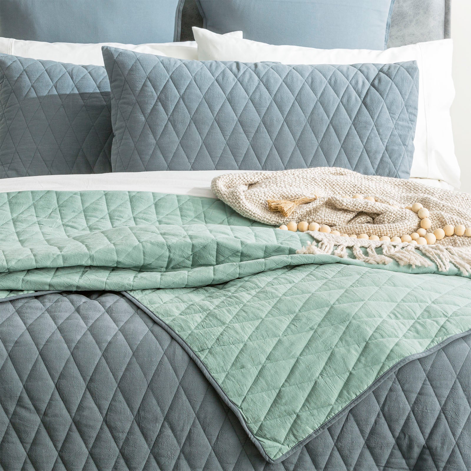 Diamante Vintage Stone Washed Cotton Reversible Quilted Mineral Coverlet Set by Renee Taylor Queen/King