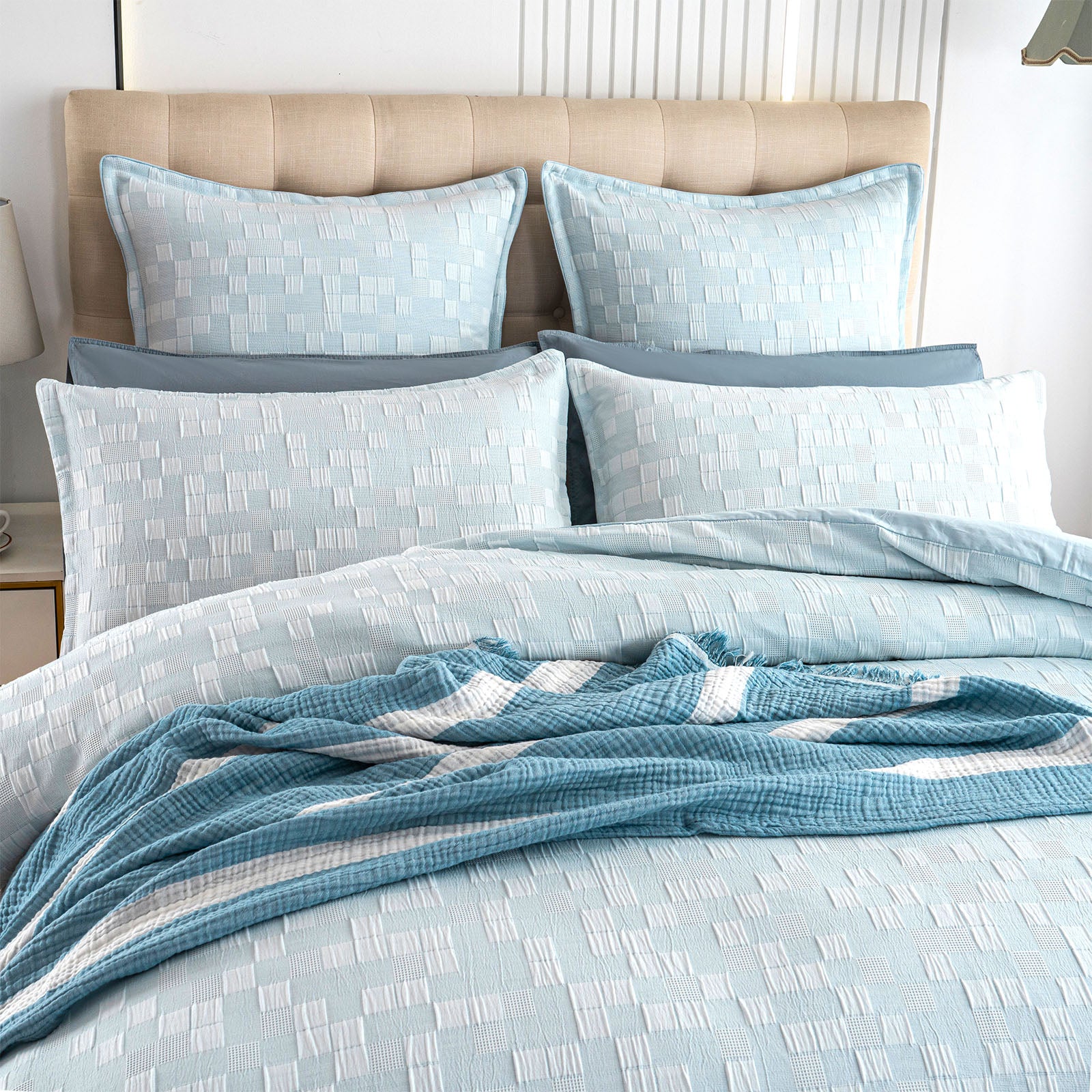 Jervis Checks Jacquard French Blue Quilt Cover Set by Renee Taylor Super King