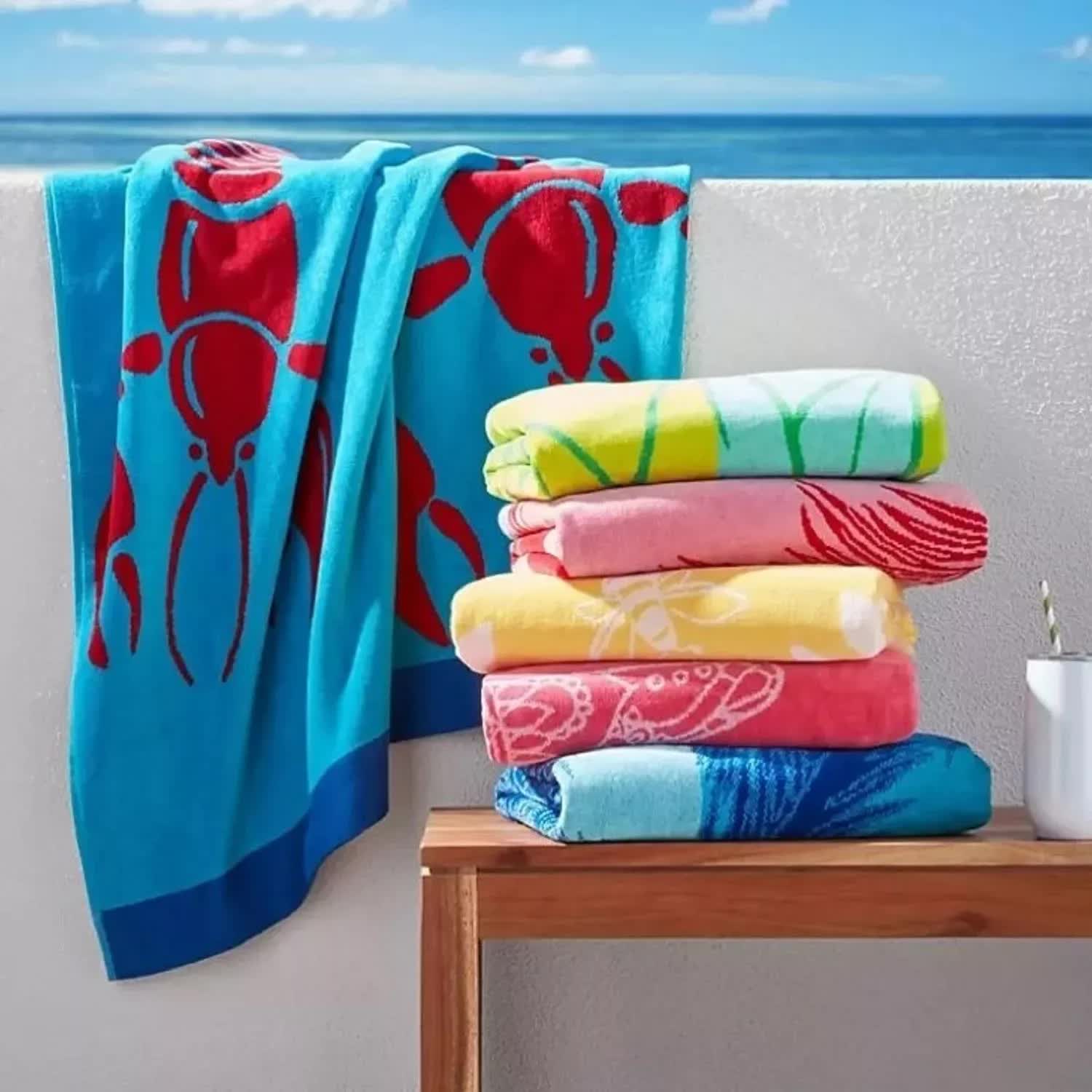 2 Pack Jacquard Velour Large Beach Towel 100 x 180 cms Shell