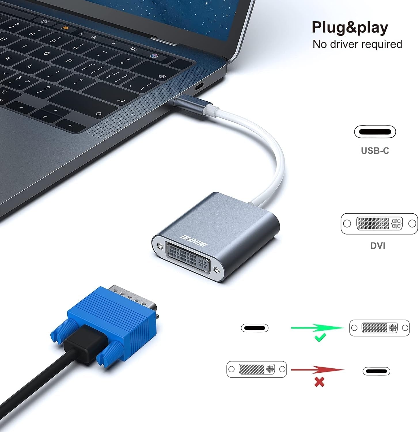 BENFEI 000164GY USB C to DVI Adapter [Thunderbolt 3/4 Compatible]
