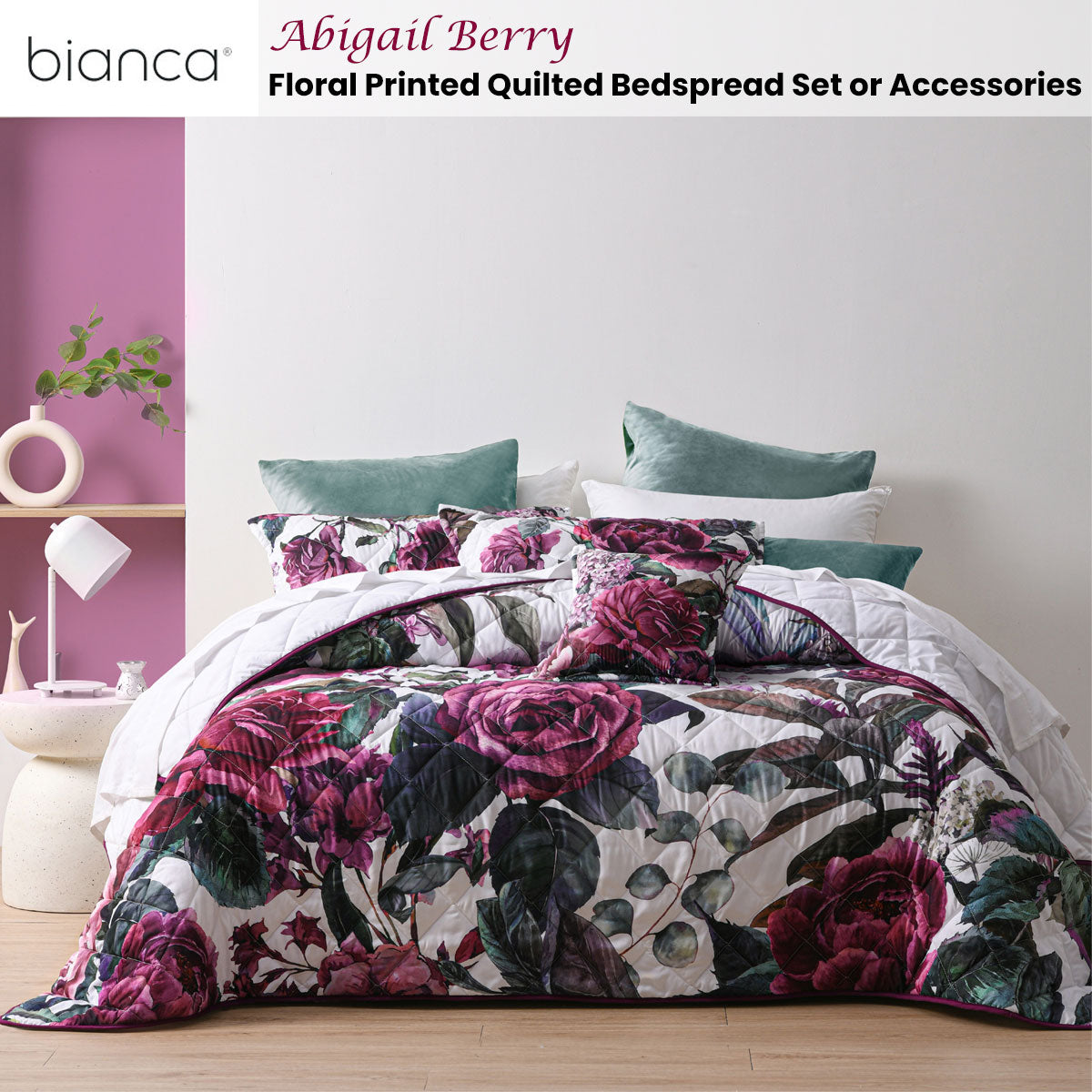 Abigail Berry Floral Printed Quilted Bedspread Set King