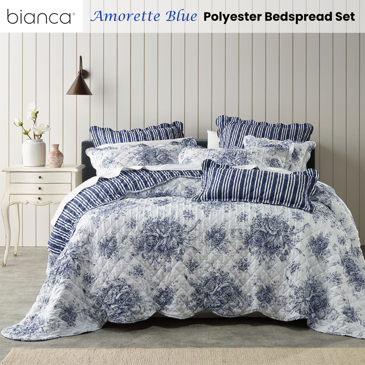 Amorette Blue Polyester Bedspread Set Single
