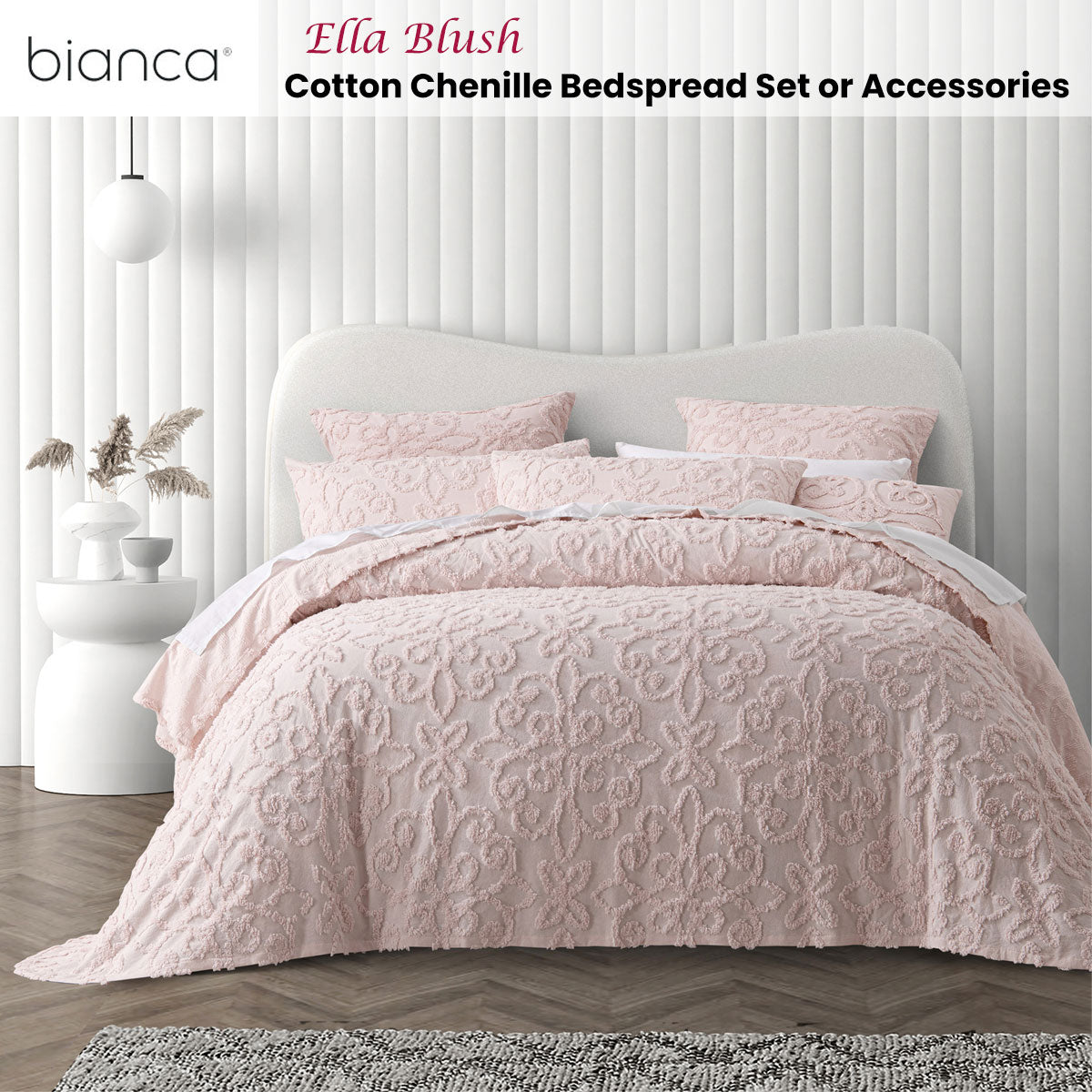 Ella Blush Cotton Chenille Floral Bedspread Set Double