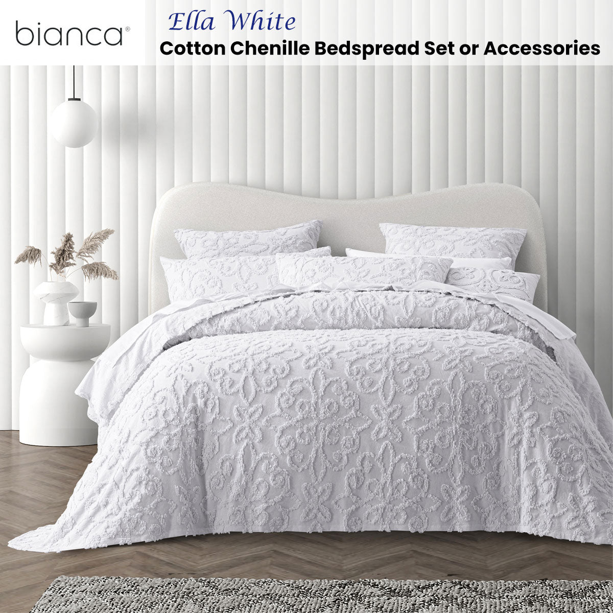 Ella White Cotton Chenille Floral Bedspread Set Queen
