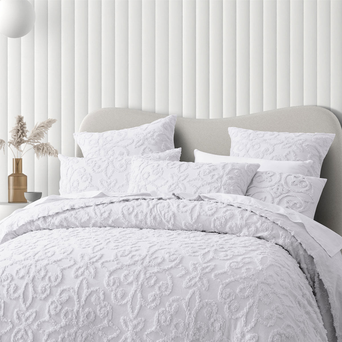 Ella White Cotton Chenille Floral Bedspread Set Single