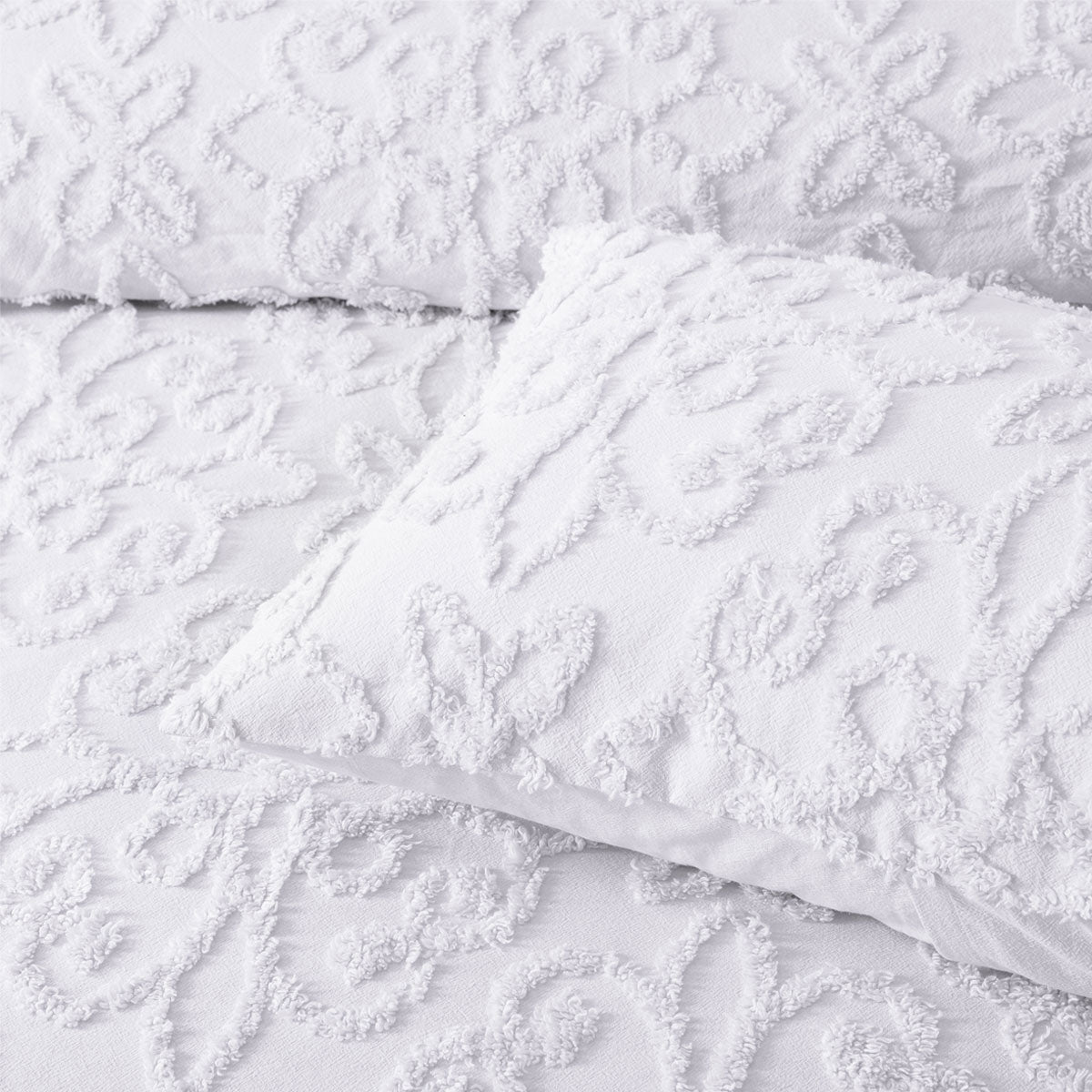Ella White Cotton Chenille Floral Bedspread Set Single