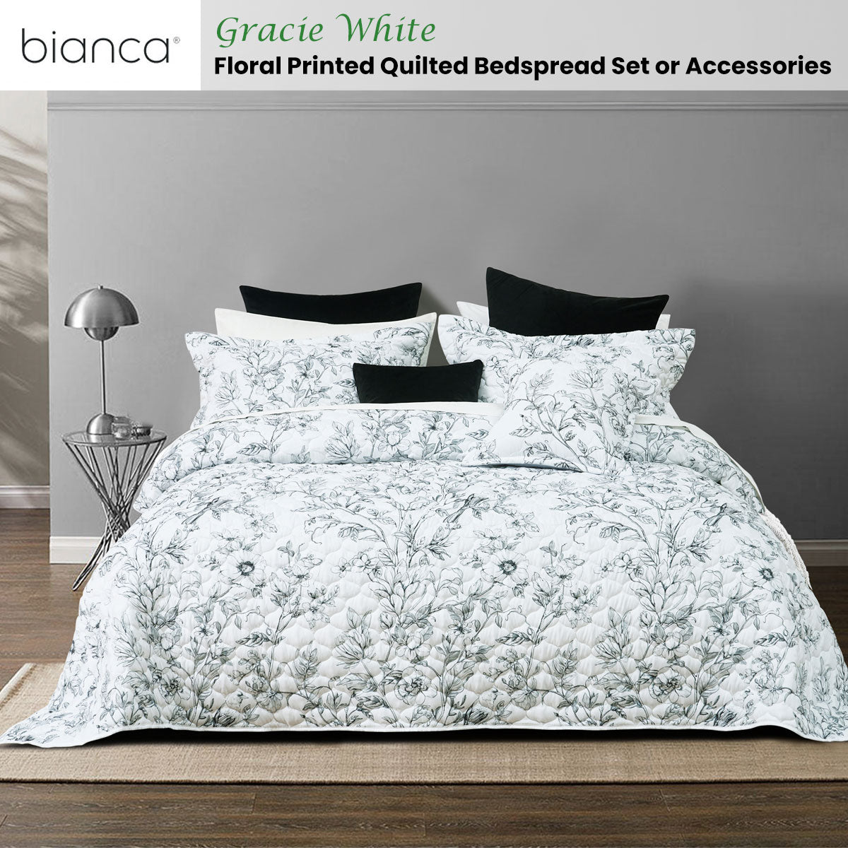 Gracie White Floral Printed Quilted Bedspread Set King Single
