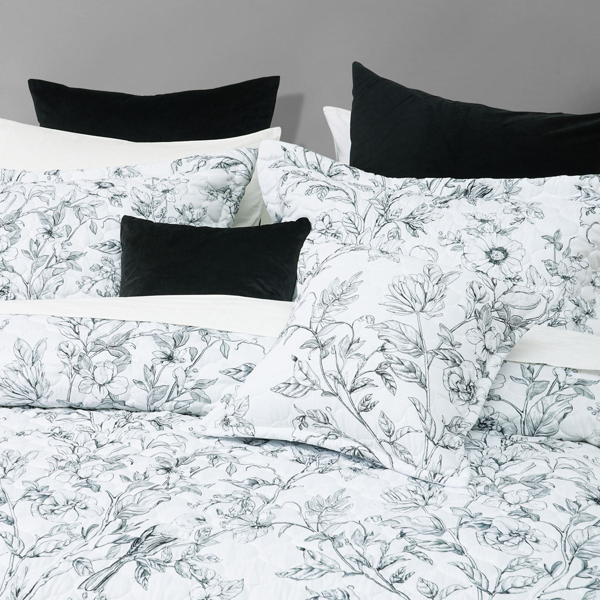 Gracie White Floral Printed Quilted Bedspread Set Single
