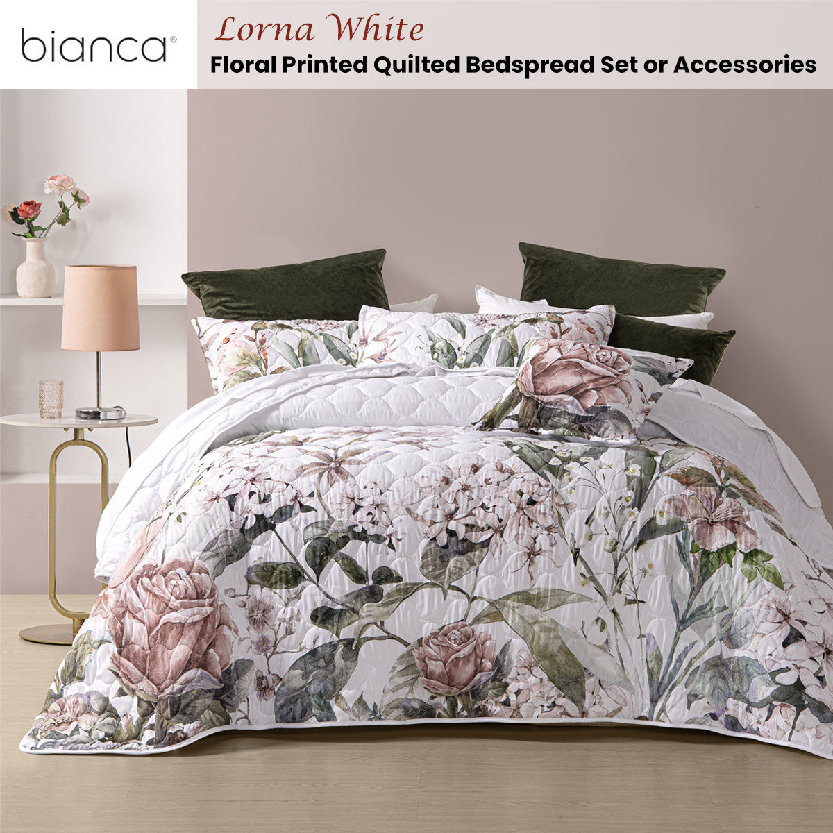 Lorna White Floral Printed Quilted Bedspread Set Double