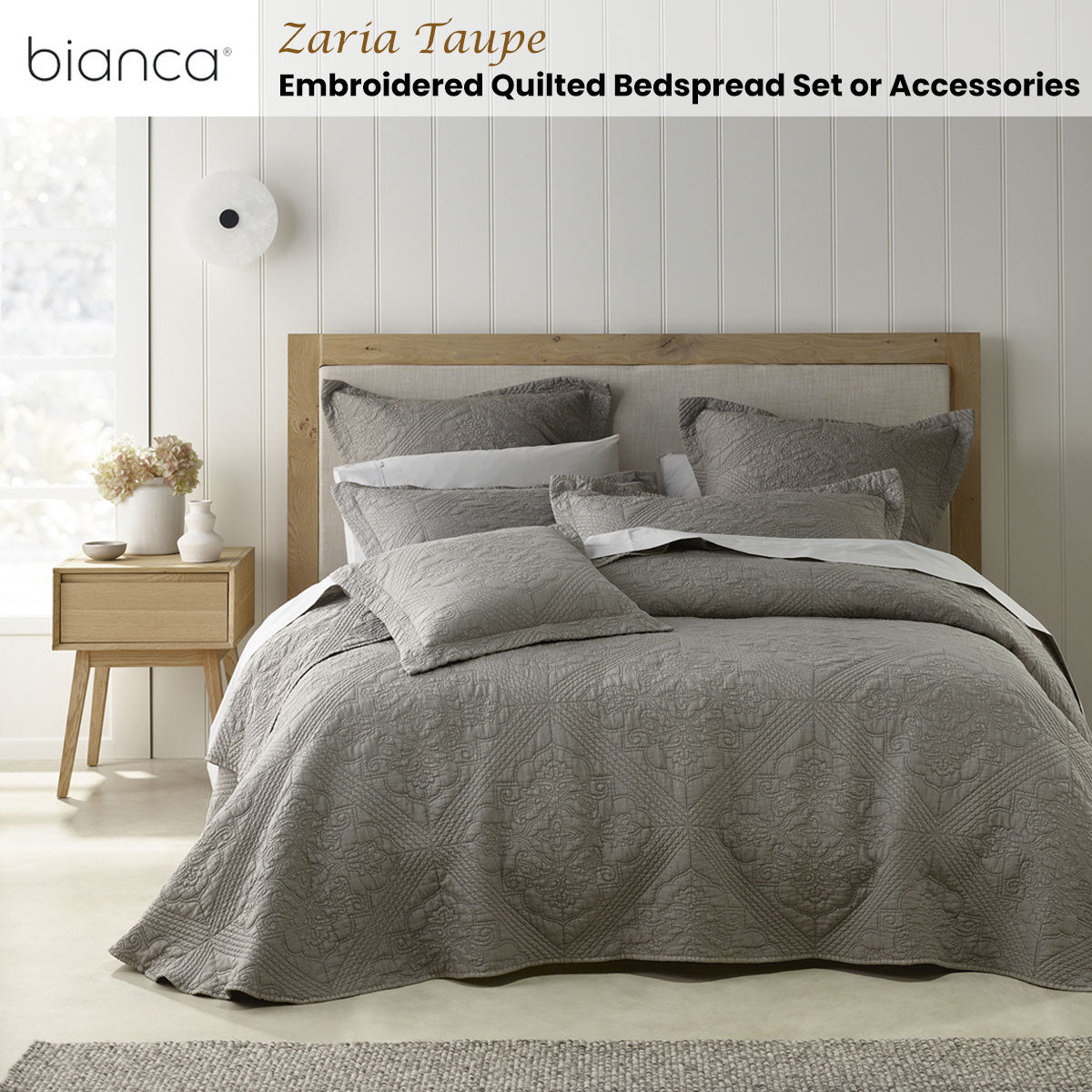 Zaria Taupe Embroidered Bedspread Set Queen
