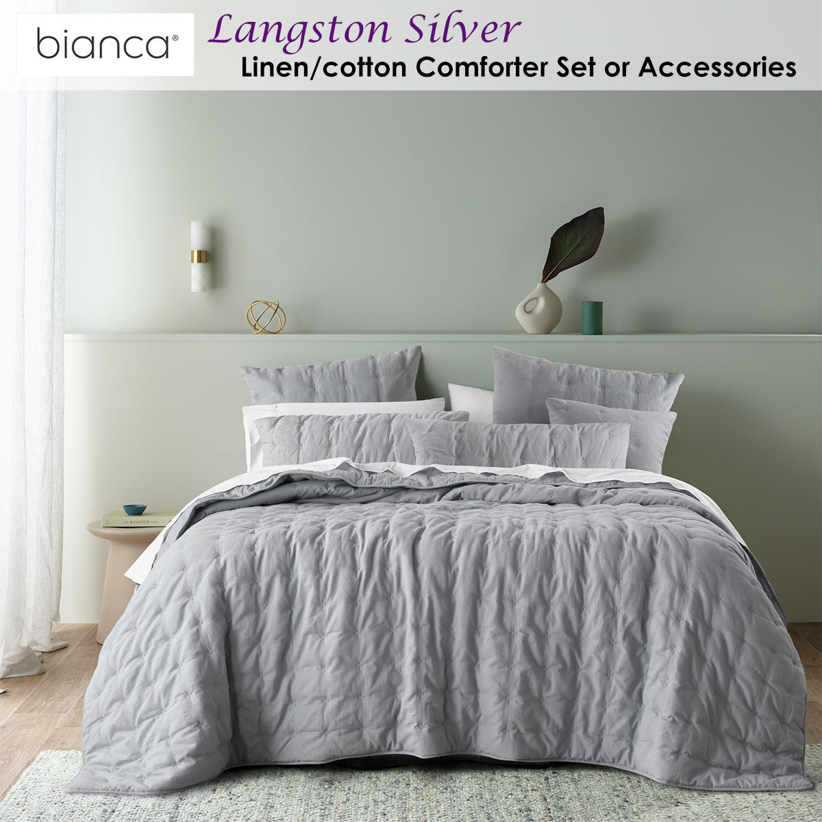 Langston Silver Pre-Washed Linen Cotton Comforter Set Queen/King