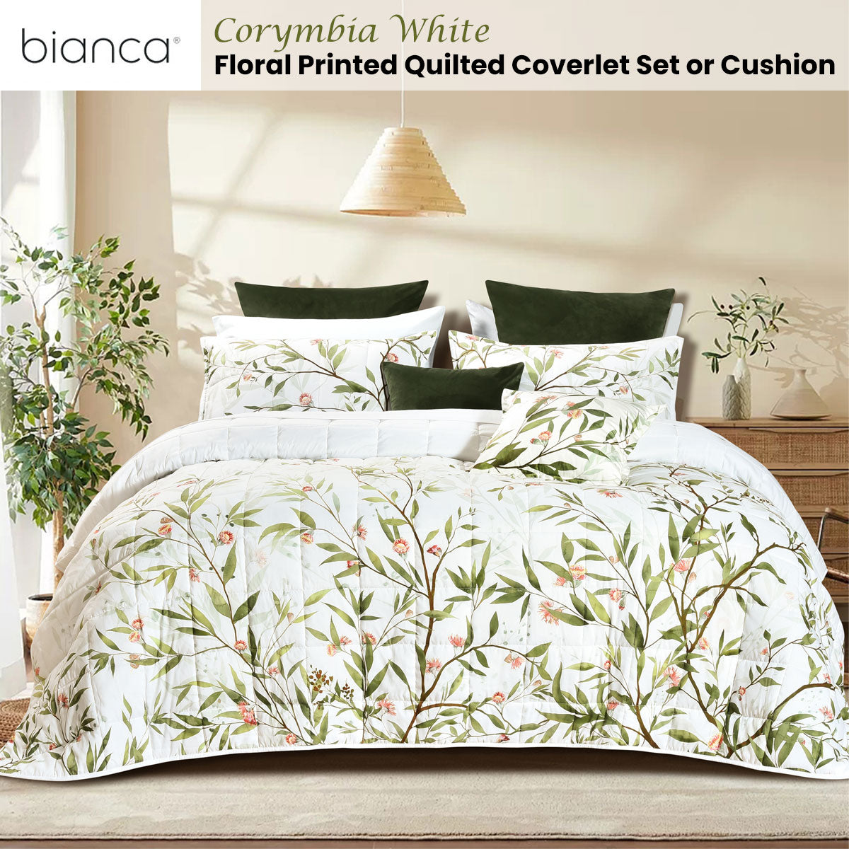 Corymbia White Floral Printed Quilted Polyester Coverlet Set Queen/King