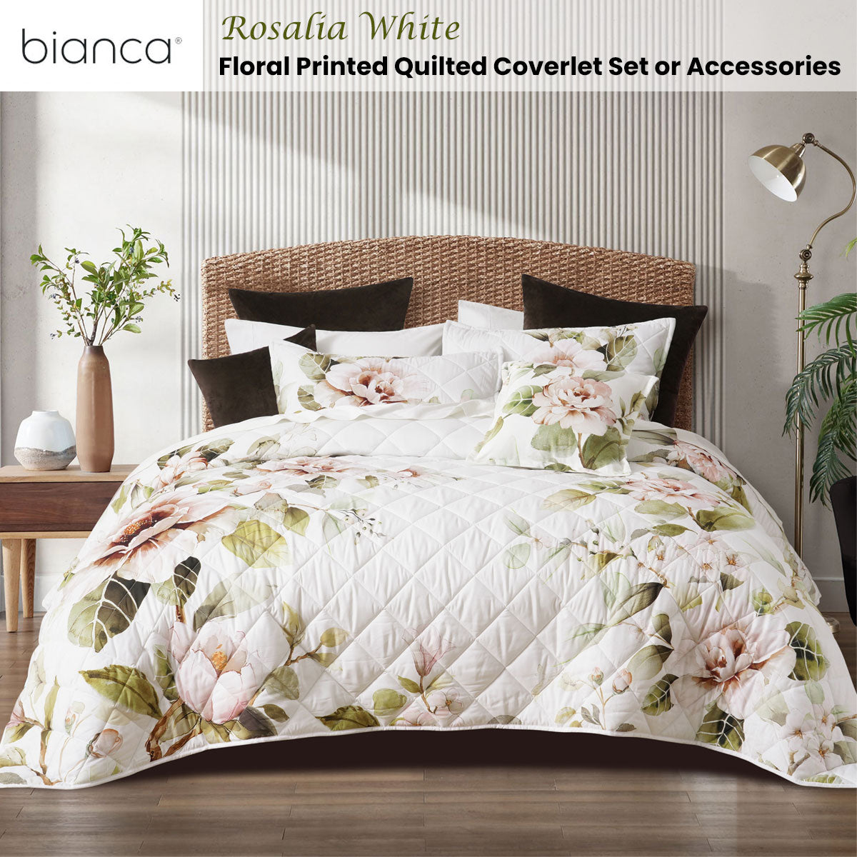 Rosalia White Floral Printed Quilted Polyester Coverlet Set Queen/King