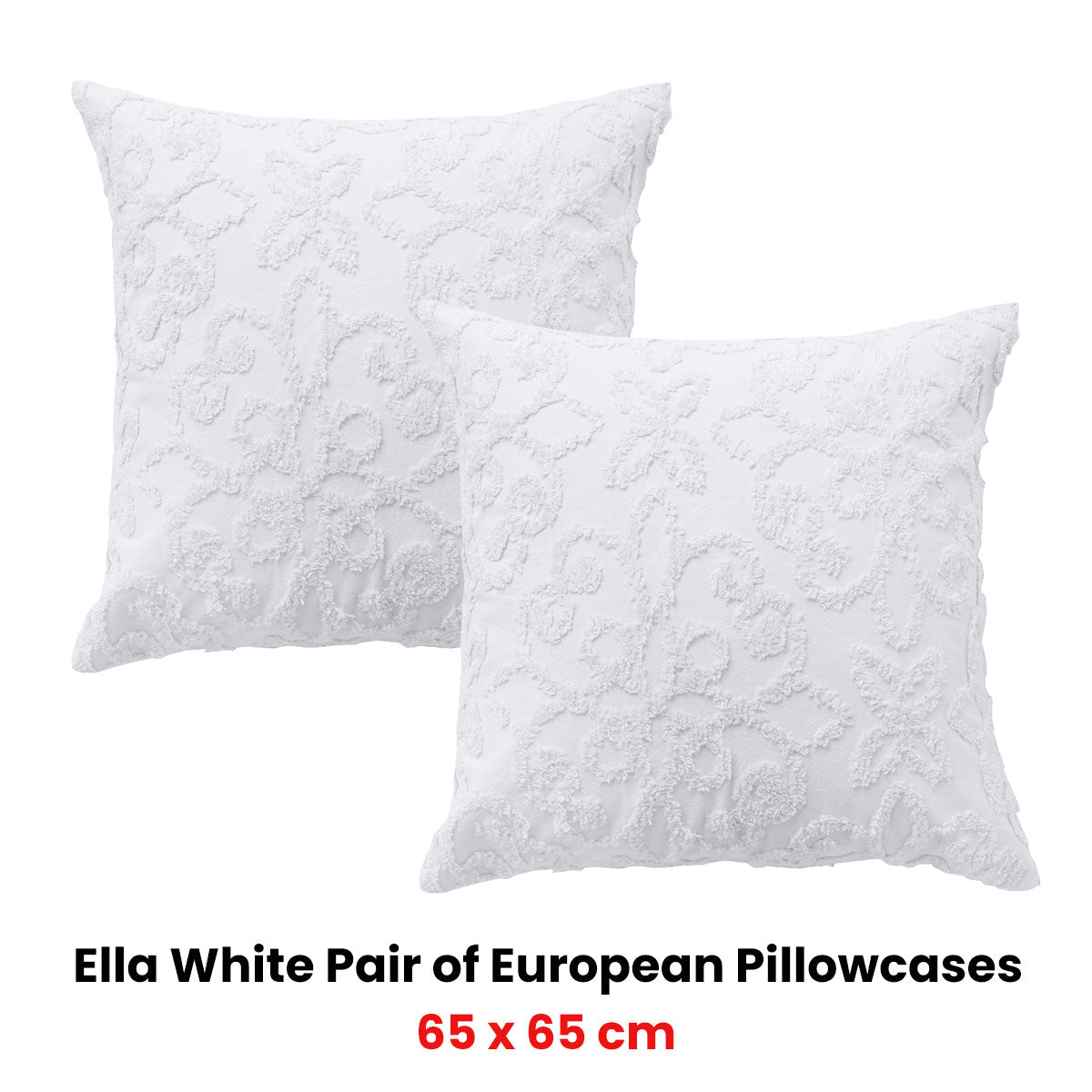Pair of Ella White European Pillowcases 65 x 65cm