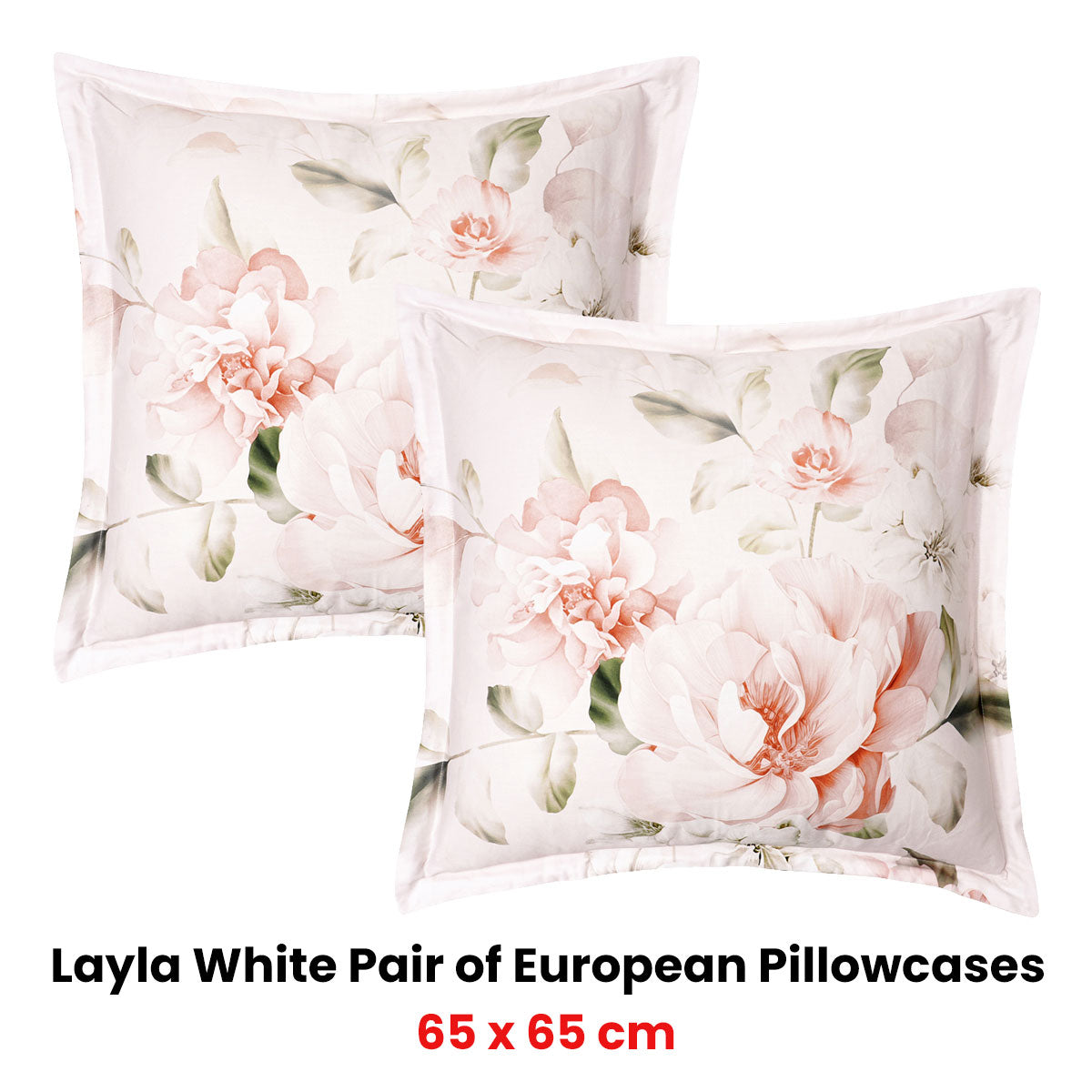 Pair of Layla White European Pillowcases 65 x 65cm