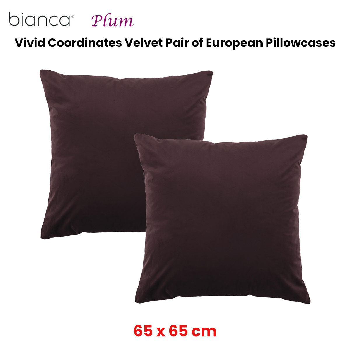 Pair of Vivid Coordinates Velvet European Pillowcases Plum 65 x 65cm