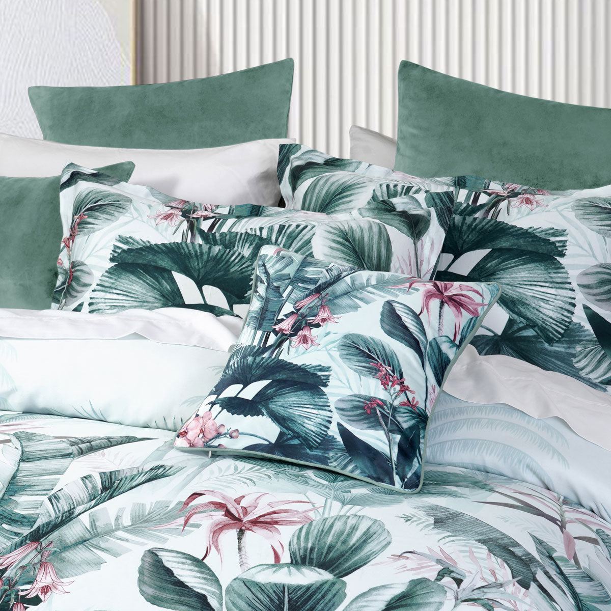 Abbey Green Cotton Sateen Tropical Floral Quilt Cover Set Double