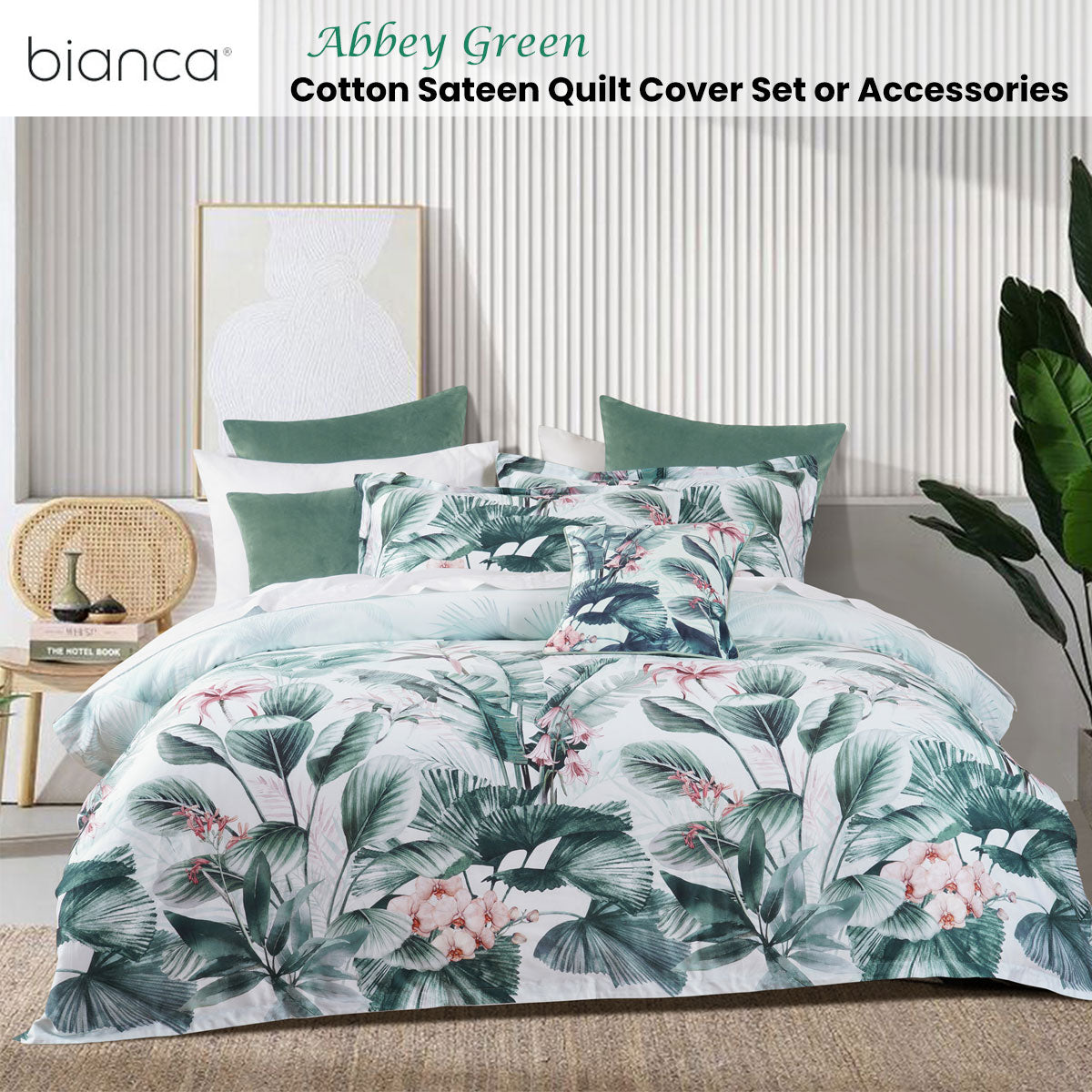 Abbey Green Cotton Sateen Tropical Floral Quilt Cover Set King