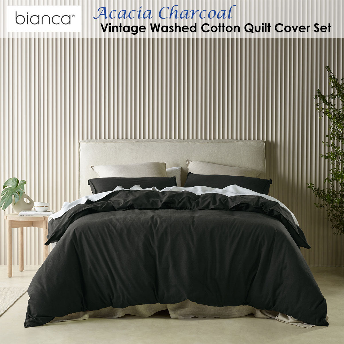Acacia Charcoal Vintage Washed Cotton Quilt Cover Set Queen