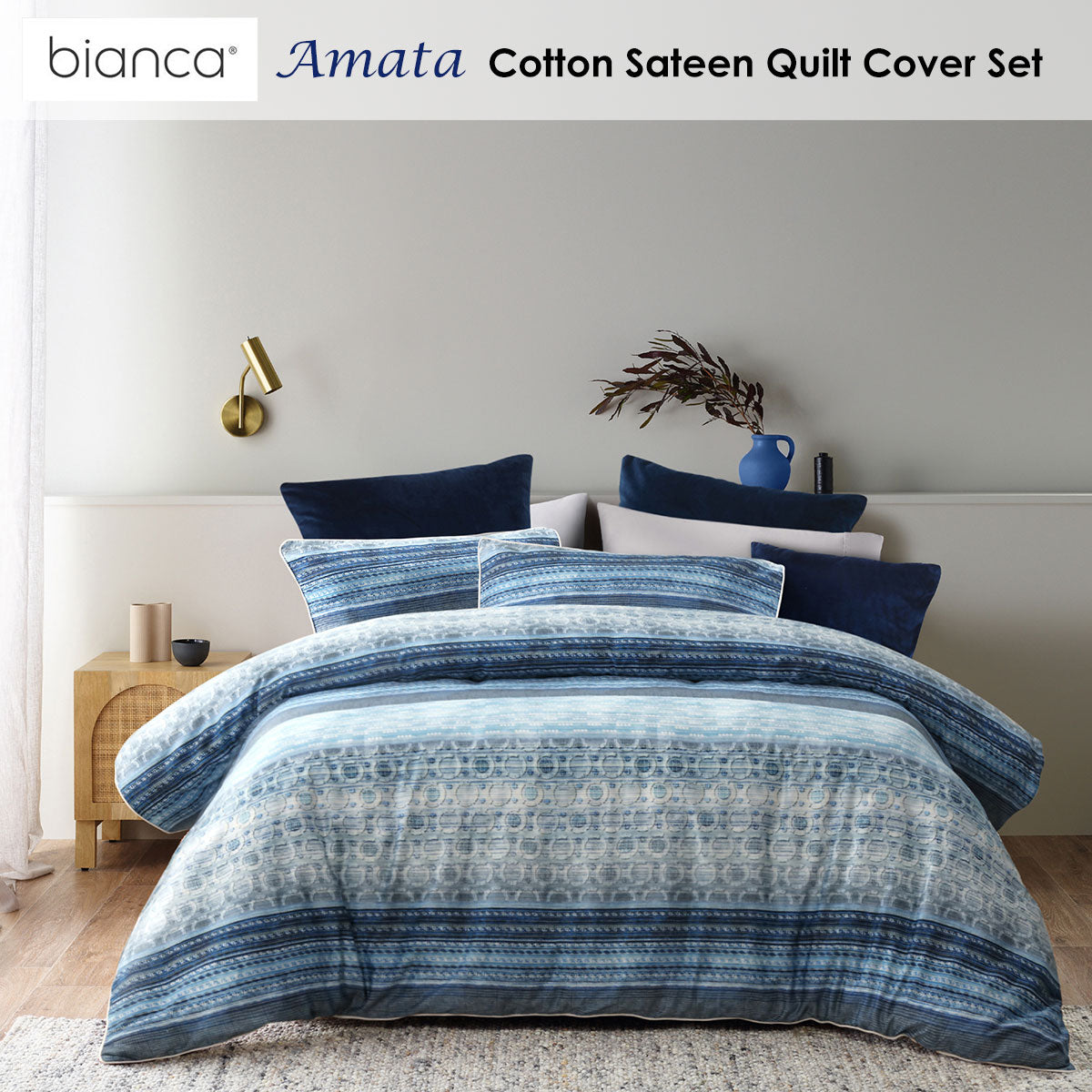 Amata Blue Cotton Sateen Quilt Cover Set Queen