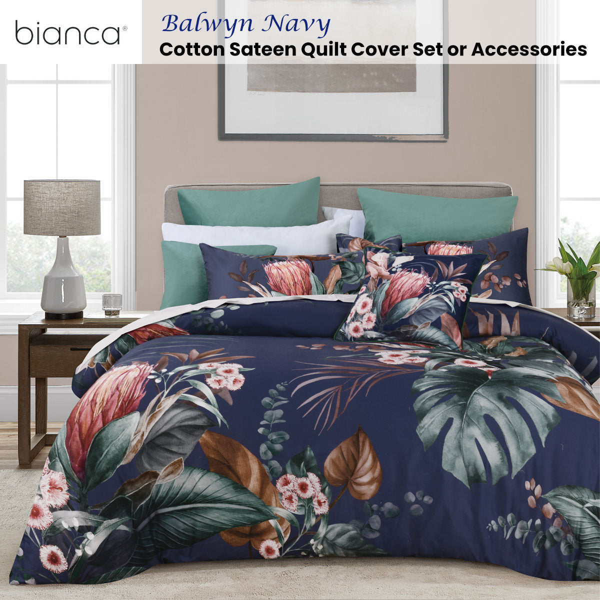 Balwyn Navy Cotton Sateen Botanical Quilt Cover Set King