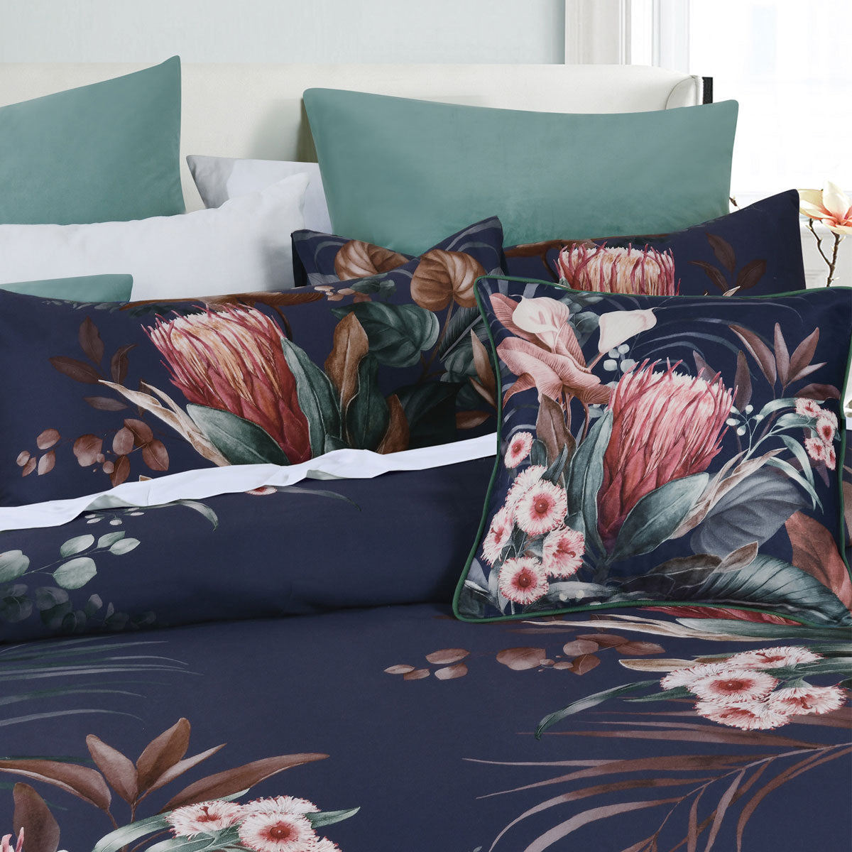 Balwyn Navy Cotton Sateen Botanical Quilt Cover Set King