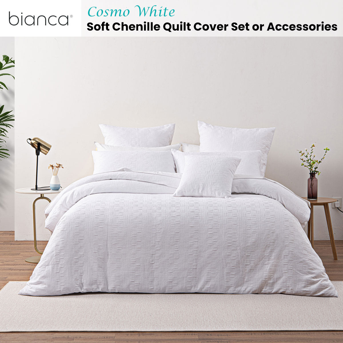 Cosmo White Soft Chenille Geometric Quilt Cover Set Super King