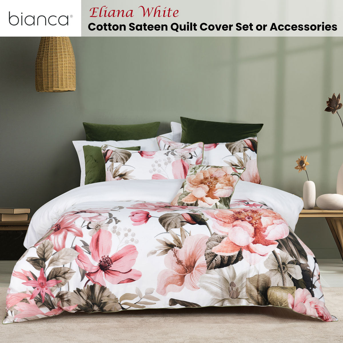 Eliana White Floral Printed Cotton Sateen Quilt Cover Set Super King