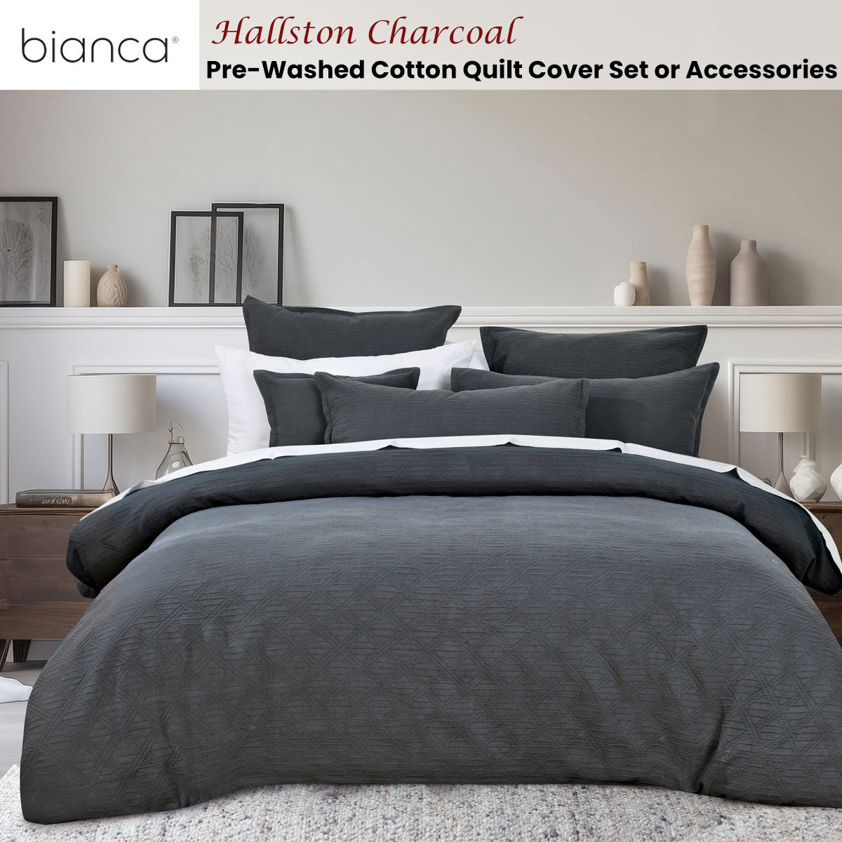 Hallston Charcoal Pre-Washed Cotton Quilt Cover Set Queen