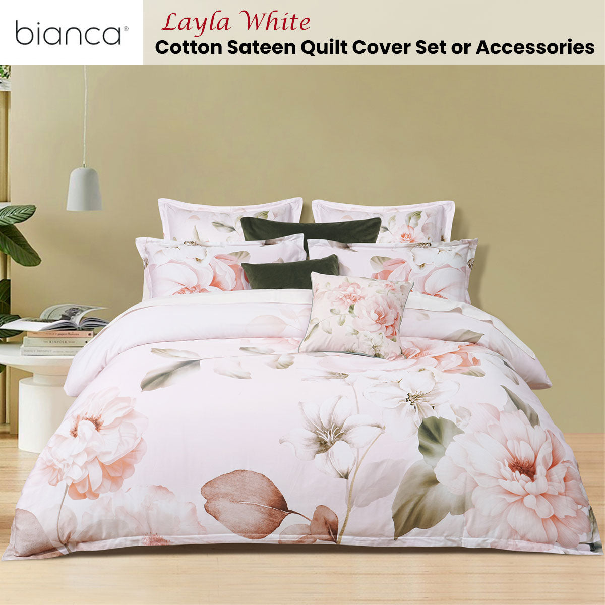 Layla White Floral Printed Cotton Sateen Quilt Cover Set Super King