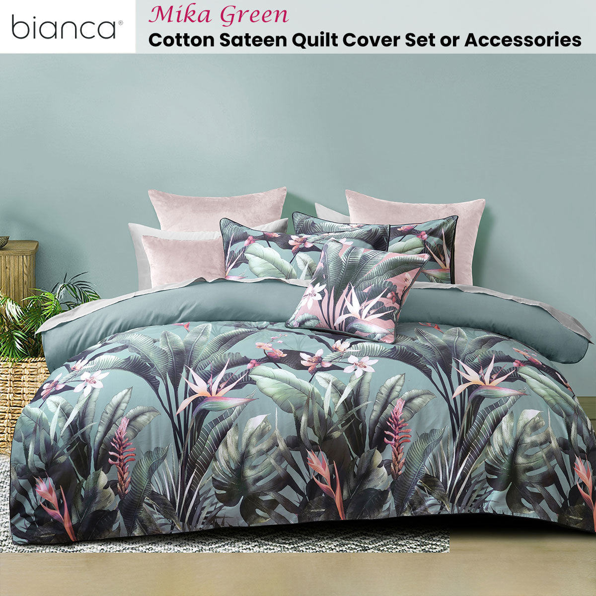 Mika Green Cotton Sateen Quilt Cover Set Queen