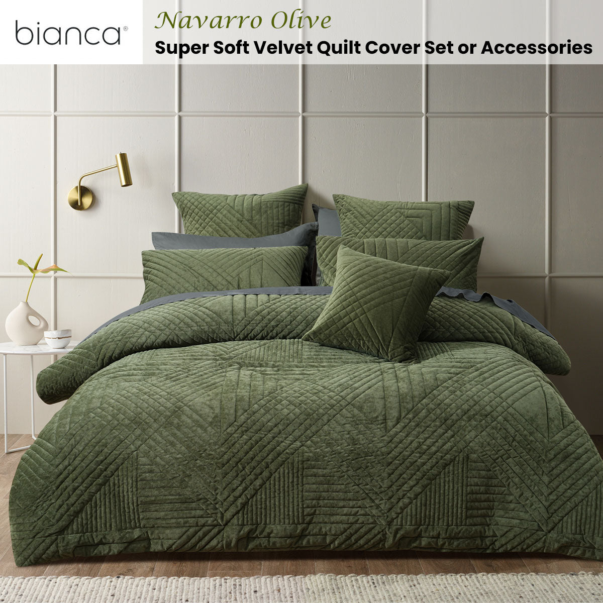 Navarro Olive Soft Velvet Geometric Quilt Cover Set Queen