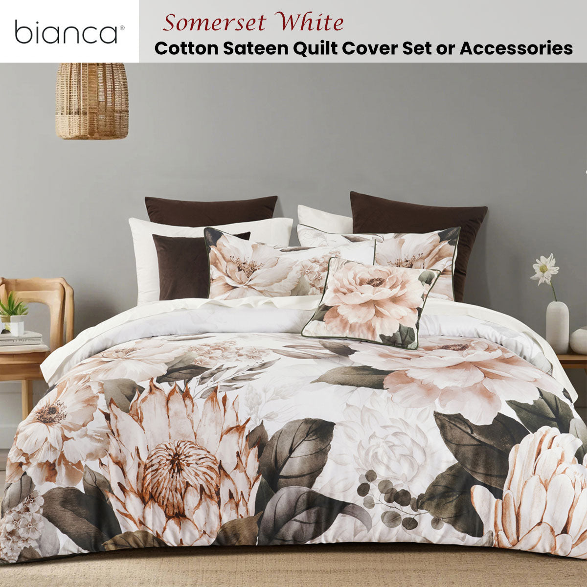 Somerset White Cotton Sateen Floral Quilt Cover Set Super King