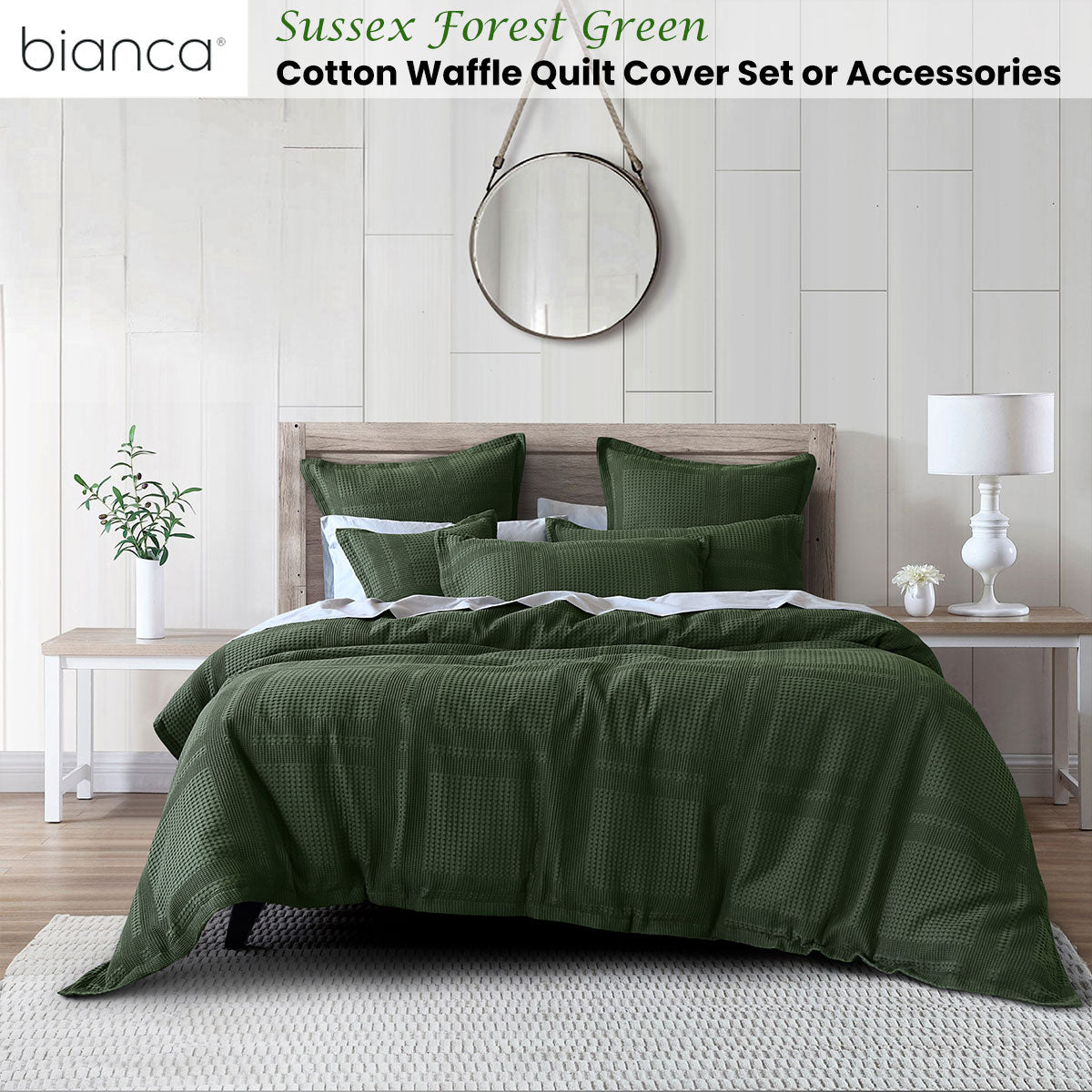 Sussex Forest Green Cotton Waffle Quilt Cover Set King