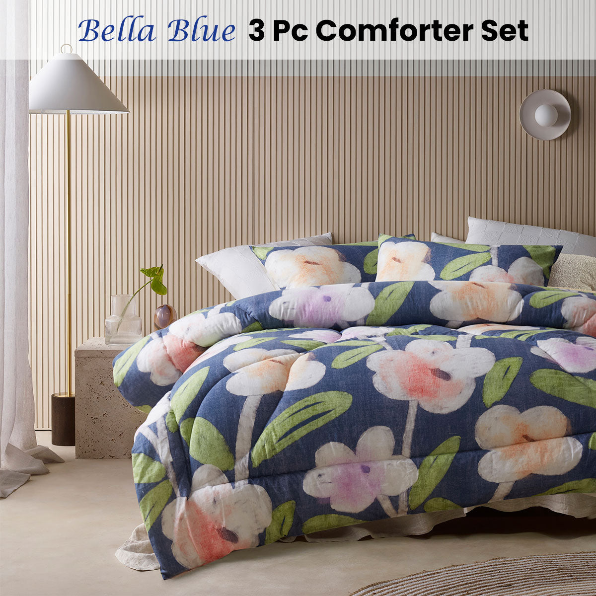 Bella Blue Floral 3 Piece Comforter Set Queen
