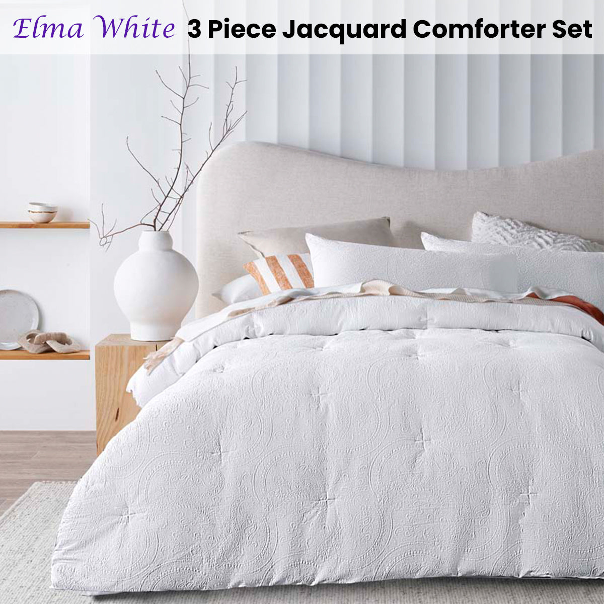 Elma White Jacquard 3 Piece Comforter Set Queen